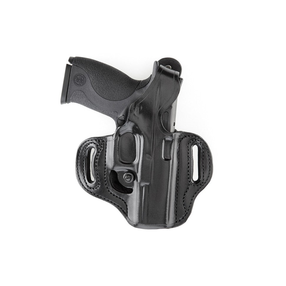 Aker Leather FlatSider XR14 Straight Draw Holster with handgun, showcasing flat design for enhanced comfort and concealed carry.